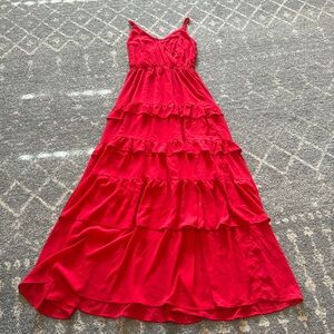 Flying Tomato Red Chiffon Tiered Ruffle Maxi Dress